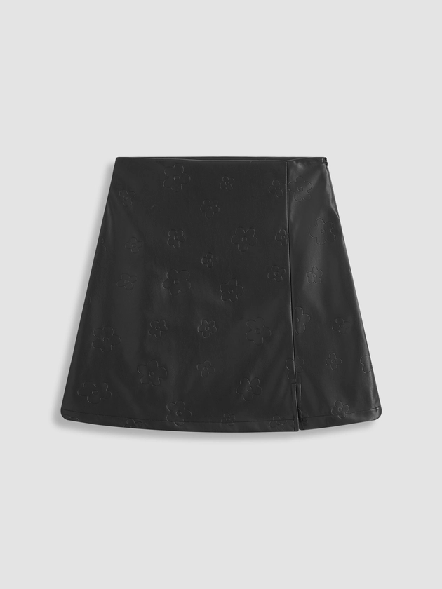 Faux Leather Mid Waist Floral Mini Skirt