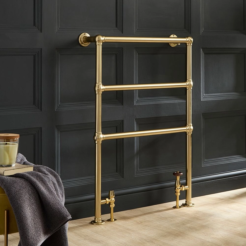 Milano Derwent - Traditional Minimalist Brushed Brass Heated Towel Rail - 966mm x 673mm