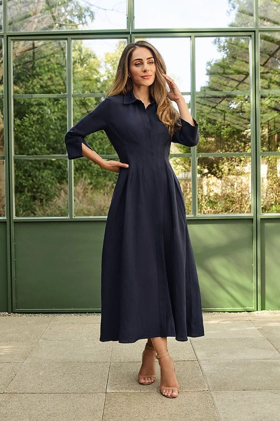 Lydia Millen Premium Tailored Linen Darted Waist Midi Dress | Karen Millen