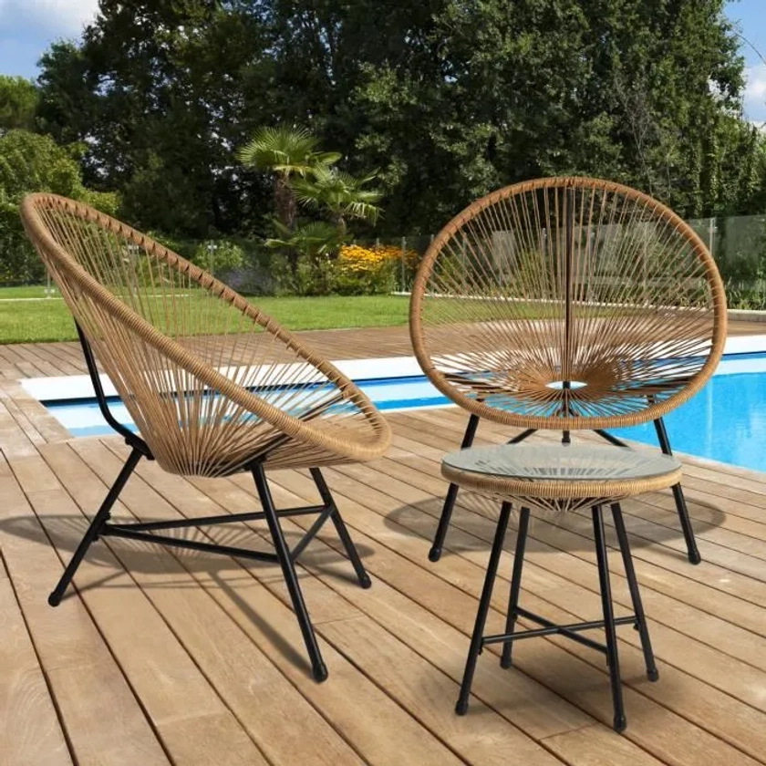 Salon de jardin IZMIR table et 2 fauteuils œuf effet rotin - IDMARKET - Naturel - Jardin - Beige - Acier