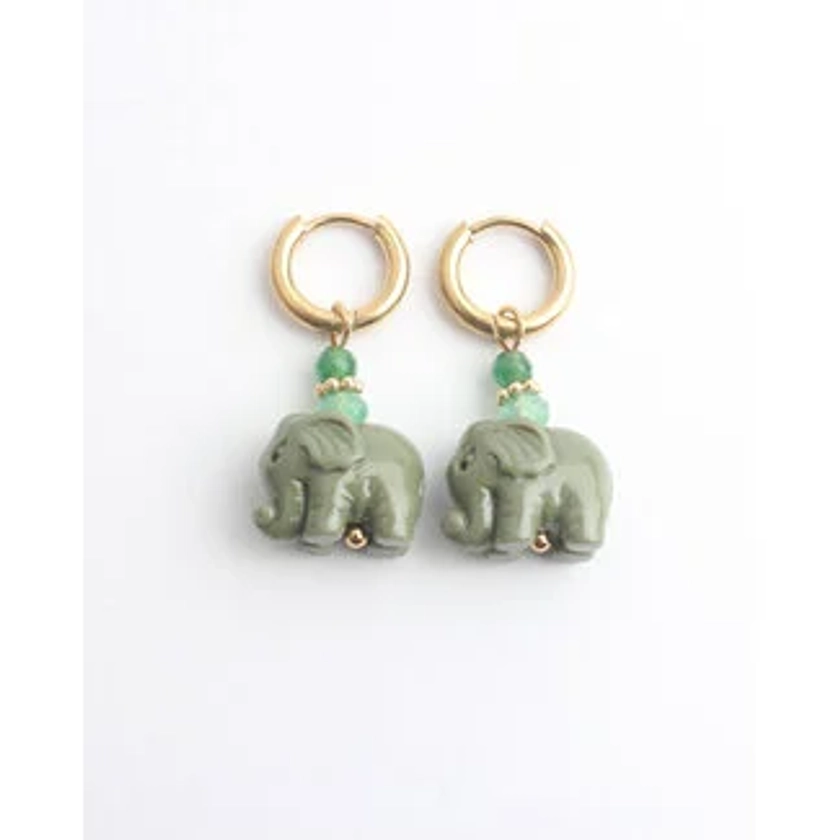 &#039;Elephant&#039; Boucles d&#039;oreilles Vert - Acier inoxydable