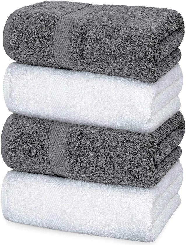 White Classic Luxury Bath Towels Large Pack of 4, Hotel Quality Bathroom Towel 27 x 54 Set, Shower Cotton Towels 4 Pack, Large Thick Plush Bath Towels 700 Gsm For Body, Hair, Pool, Gym, White/Gray