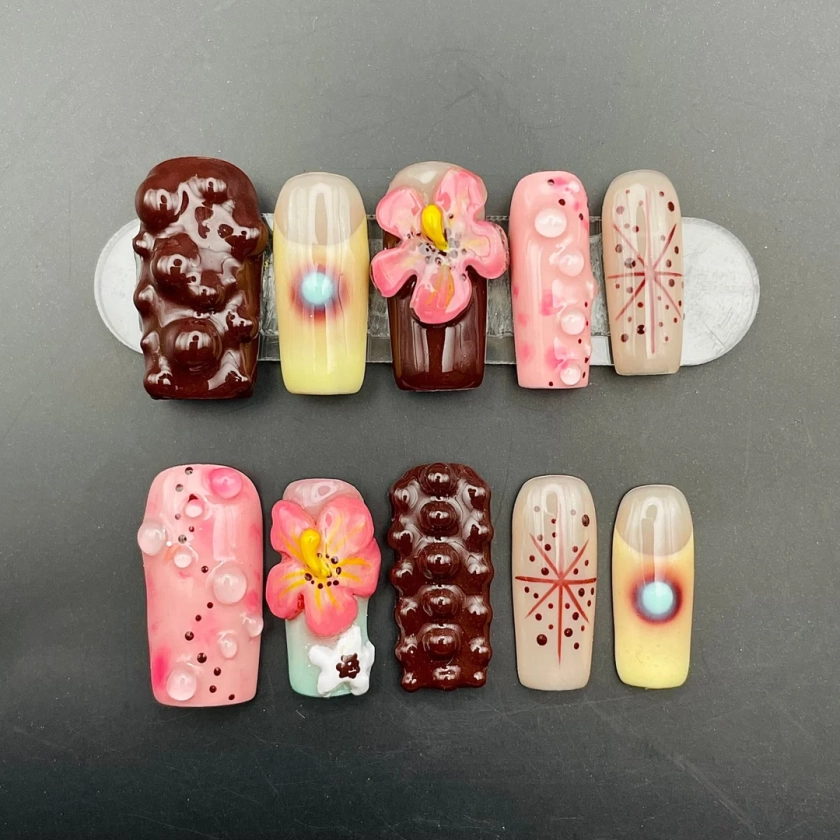 3D Floral Spring Press on Nails - Reusable Handmade - Long Short Custom Nail Art - Fake Fingernails - Glue on Nails