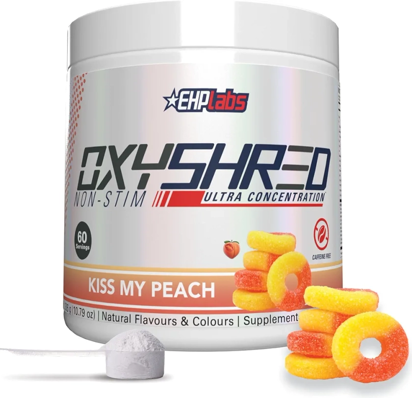 EHP Labs OxyShred Non Stimulant Pre Workout Powder - Stim Free Pre Workout, Caffeine Free Preworkout for Men & Women with L Glutamine & Acetyl L Carnitine - Peach, 60 Servings