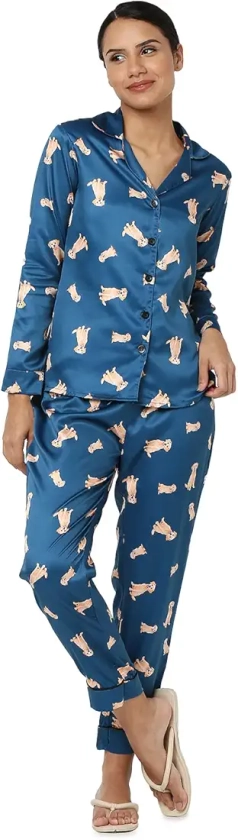 Buy Smarty Pants Women's Silk Satin Teal Blue Color Dog Print Night Suit.(SMNSP-790_Teal Blue_XL) at Amazon.in