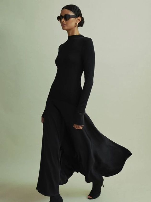 Florere Knitted Satin Midi Dress in Black