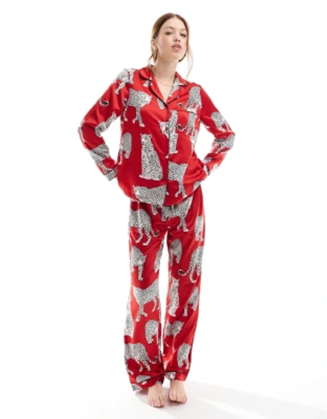 Chelsea Peers satin long sleeve revere and trouser pyjama set in red leopard print | ASOS