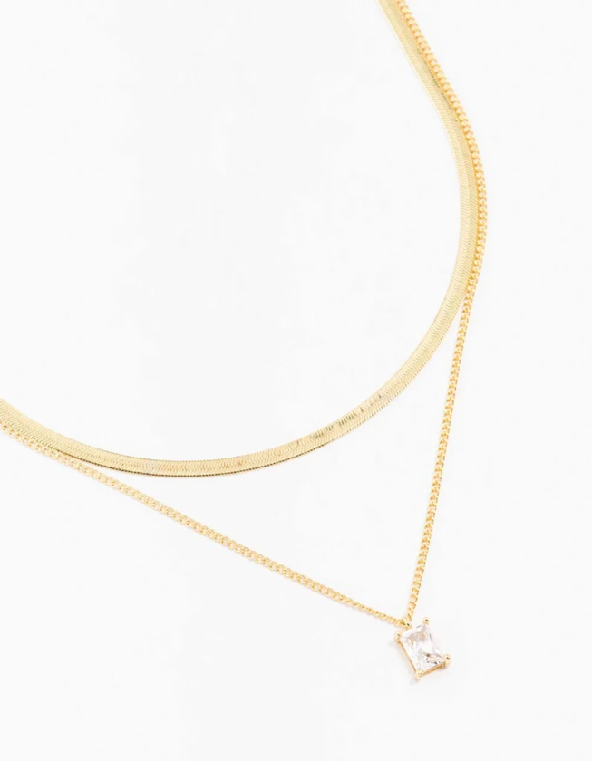 Gold Plated Baguette Snake Pendant Layered Necklace