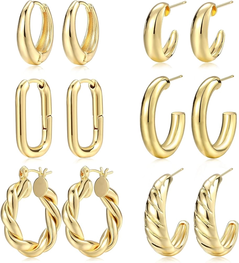 Gold Hoop Earrings Set for Women Girl, 6 Pairs 14K Gold Plated Lightweight Hypoallergenic Chunky Open Hoops Jewelry for Gift