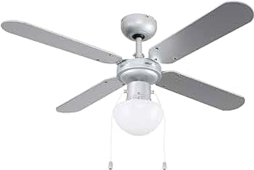 MiniSun 42" Metal Grey Modern Ceiling Fan with Frosted Opal Glass Light Shade and 4 x Reversible Silver/Black Blades