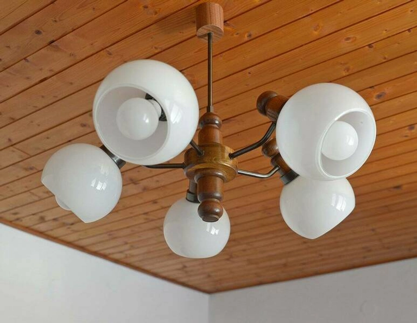 Vintage Rustic Pendant Lamp / Yugoslavia 1970's / Mid Century Sputnik Light Fixture / Wood And Copper Chandelier | Vinterior