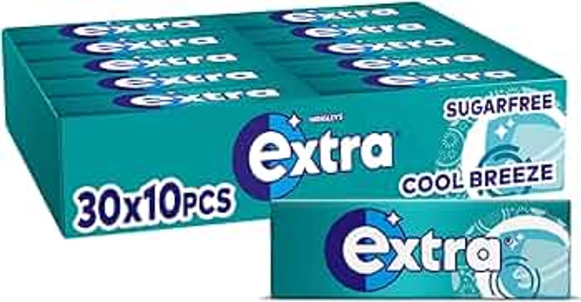 Wrigley's Extra Sugarfree Chewing Gum, Refreshing Cool Breeze Flavour, Freshens Breath, With Xylitol, Helps with Oral Hygiene for Healthy Teeth and Gums 30 x 10 Packs
