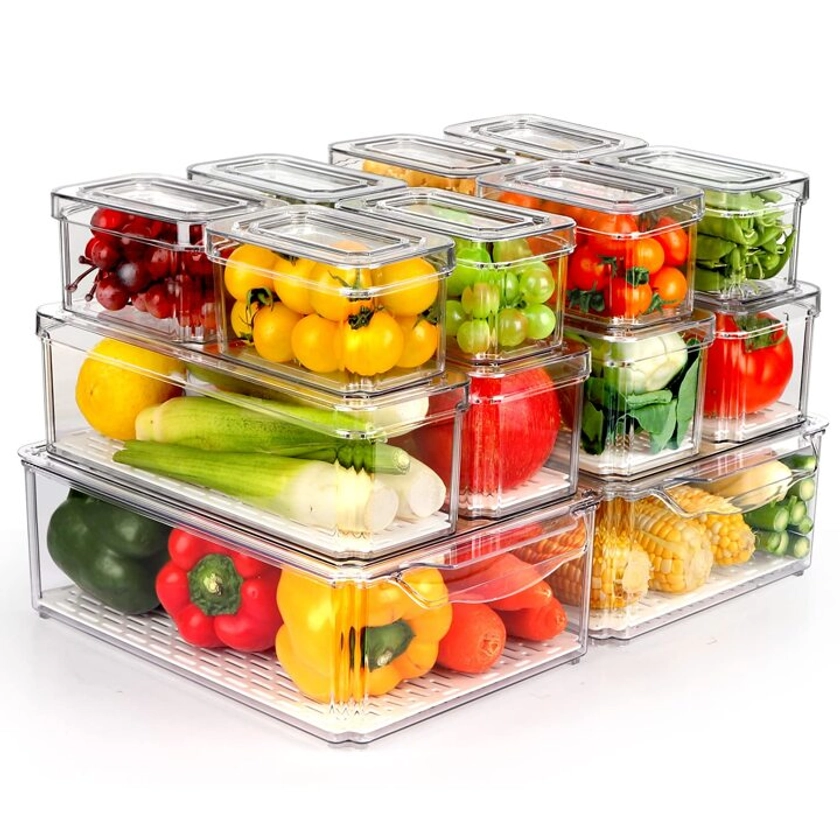 14 Pack Fridge Organizer, Stackable Refrigerator Organizer Bins With Lids, Fridge Organizers And Storage Containers For Fruit, Vegetable, Food, Drinks, Cereals, Clear
