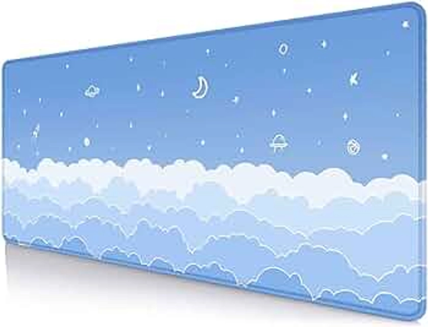 Cute Light Blue Desk Mat Mousepad, Kawaii Anime Gaming Deskmat Pastel Clouds, Aesthetic Stars Moon Deskpad, Minimalist Mint White XL Mouse Pad, 31.5 X 11.8 Inch