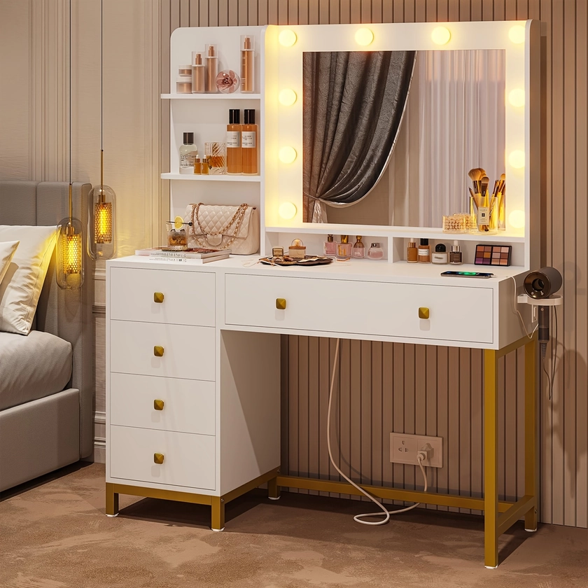 White Vanity Desk with Mirror and Lights, Vanity Mirror 3 Lighting Modes Adjustable, Makeup Vanity Table with 5 Drawers and Storage Shelves, with Char