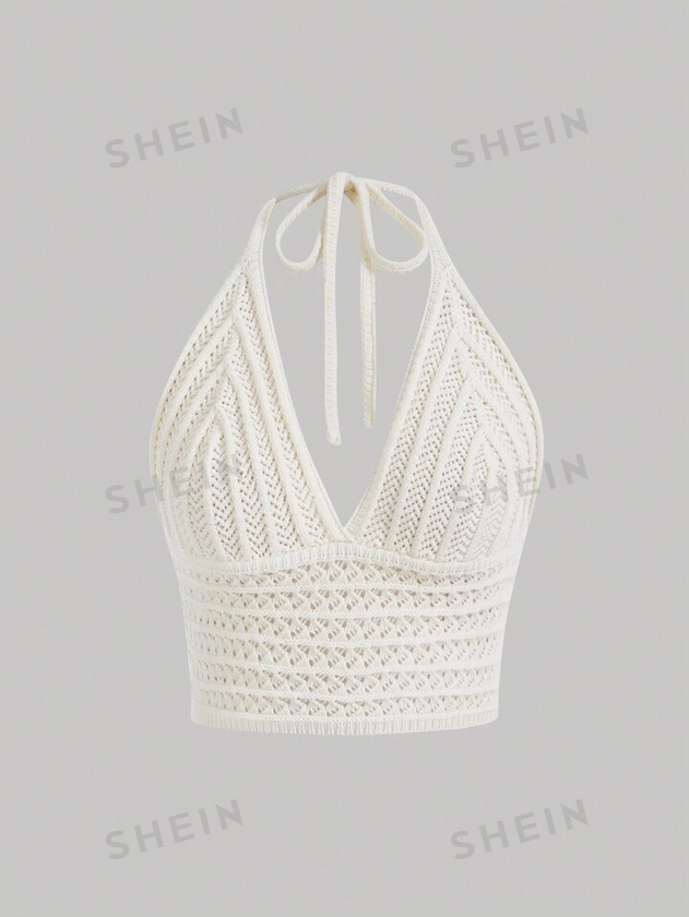 SHEIN MOD Solid Color V-Neck Halter Knit Top For Music Festival