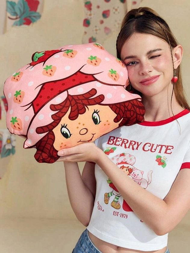 Strawberry Shortcake X SHEIN Cute Cartoon Character And Strawberry Print Plush Throw Pillow