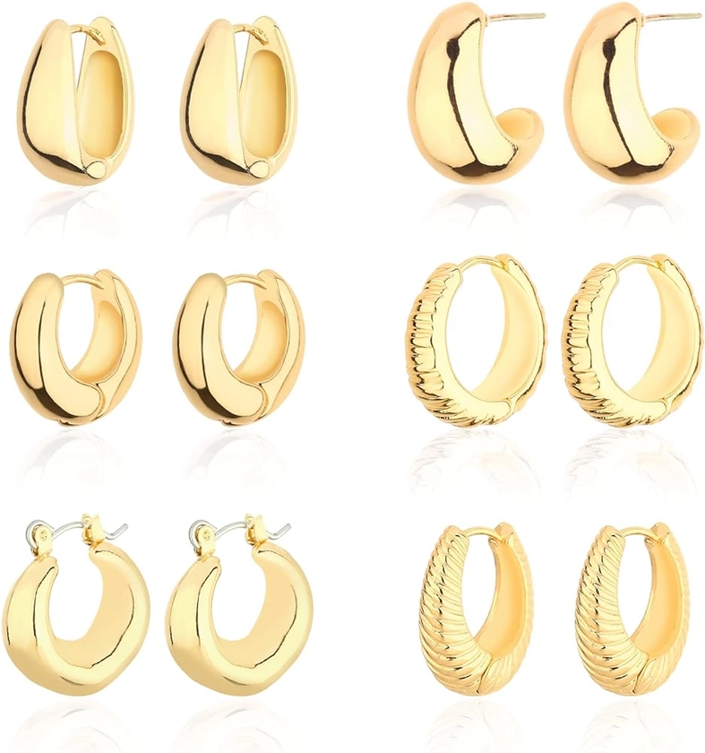 Wgoud Chunky Hoop Earrings Set 14K Gold Hoop Earrings for Women Hypoallergenic, Thick Hoops Earring set, Twist Huggie Hoop Earring
