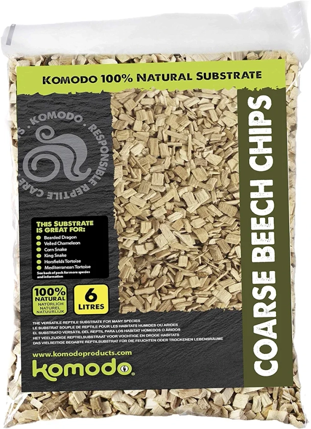 Komodo Coarse Beech Chips, Substrate for Reptiles, Natural Substrate, Reptile Substrate, Beech Chips, Coarse, 6 Litre, may vary