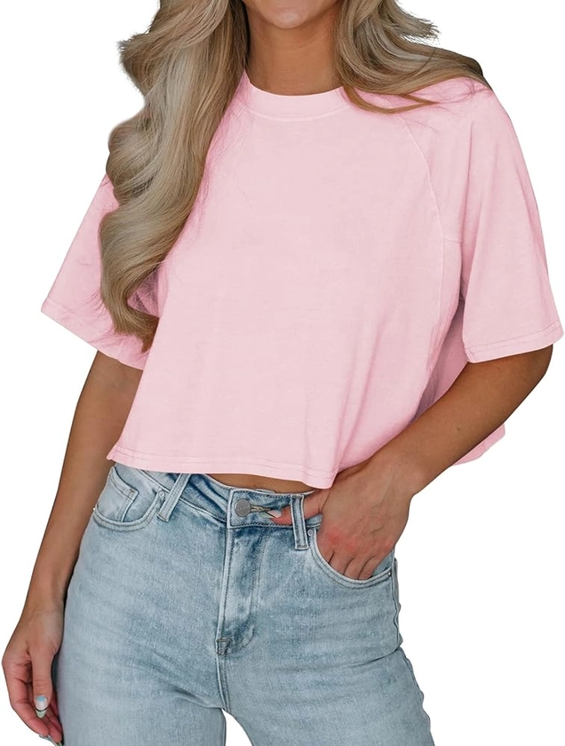 Tankaneo Womens Casual Half Sleeve Cropped T-Shirts Summer Crop Tops Solid Color Round Neck Basic Crop Tees at Amazon Women’s Clothing store