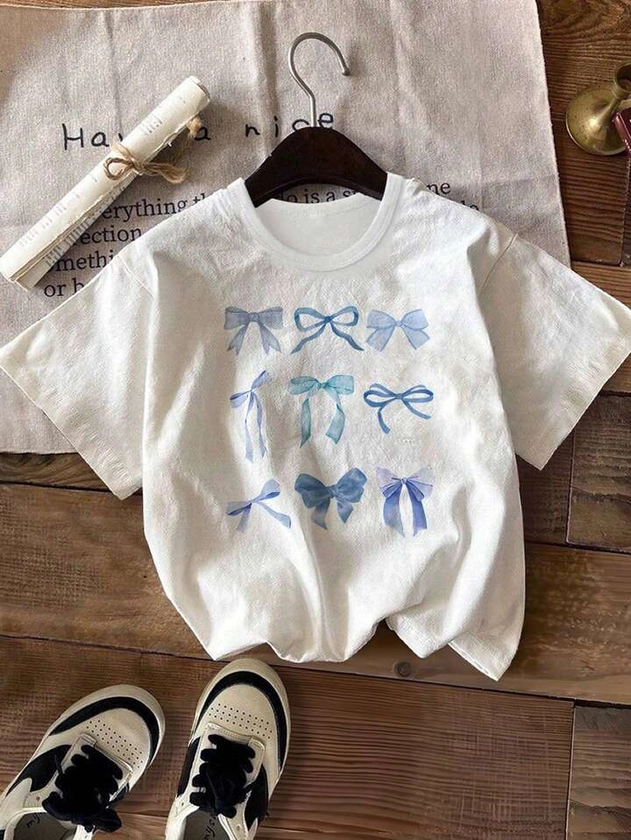 Girls' (Big) Short Sleeve Blue Bow-Knot Creative & Aesthetic Print T-Shirt, Suitable For Outings And Creating A Cute Teenage Girl Look, Summer