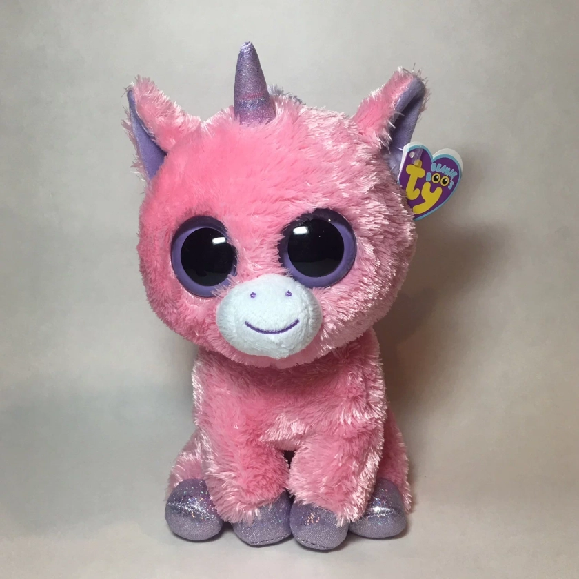 TY Beanie Boos - MAGIC the Pink Unicorn (Solid Color Eyes & Purple Tags) (Medium Size - 9 inch)