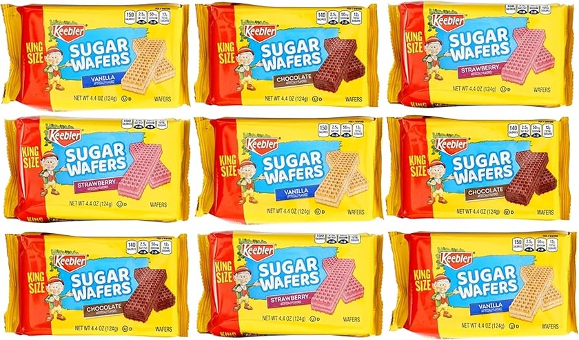 Keebler Sugar Wafers King Size 9 Count Variety Pack, 4.4oz Individual Wafer Cookies, Chocolate, Strawberry & Vanilla Wafers, The Hampton Candy Company