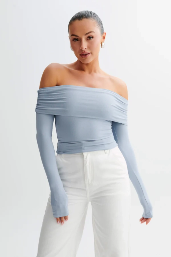 Lucinda Recycled Nylon Off Shoulder Top - Dusty Blue