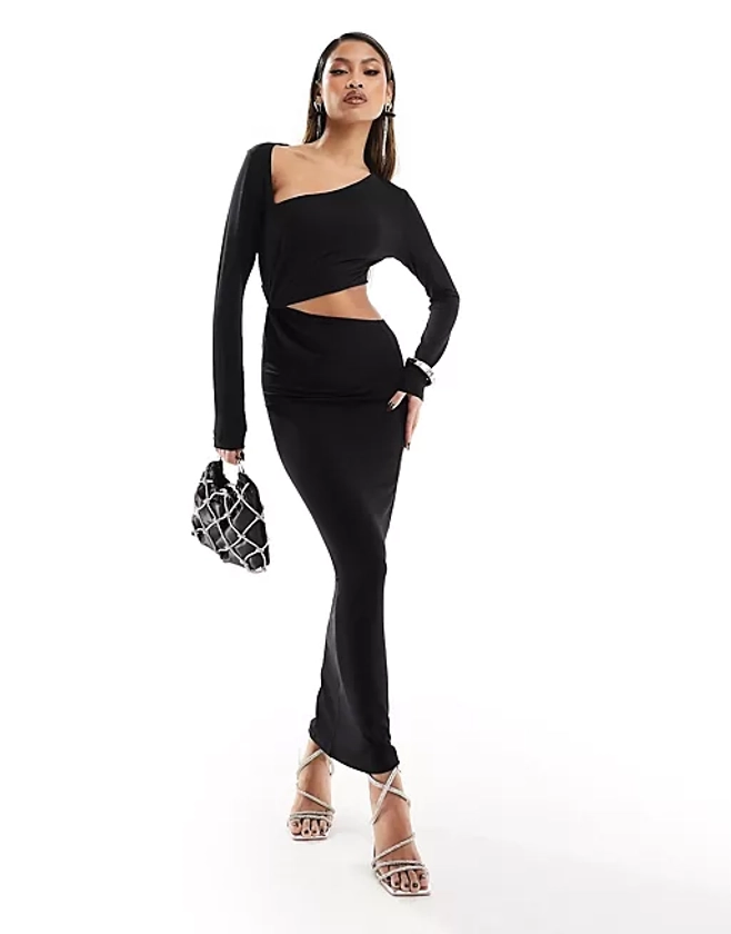 ASOS DESIGN asymmetric neckline twist detail midi dress with cut out in black