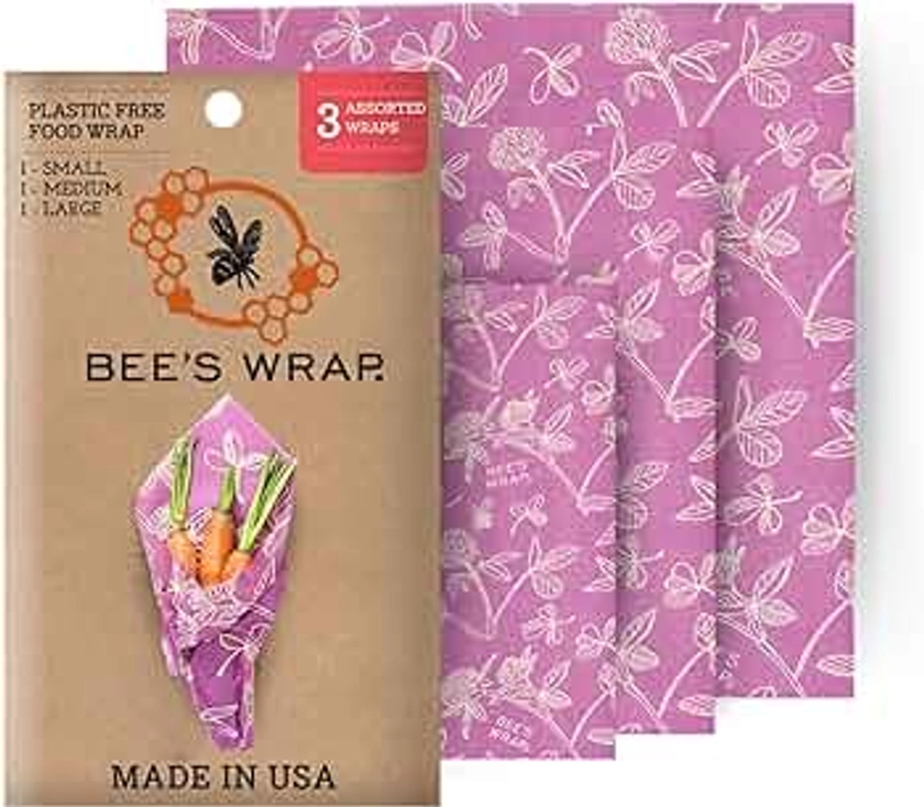 Bee's Wrap Reusable Beeswax Food Wraps Made in the USA, Eco Friendly Beeswax Wraps for Food, Sustainable Food Storage Containers, Organic Cotton Food Wraps, Assorted 3 Pack (S, M, L), Clover