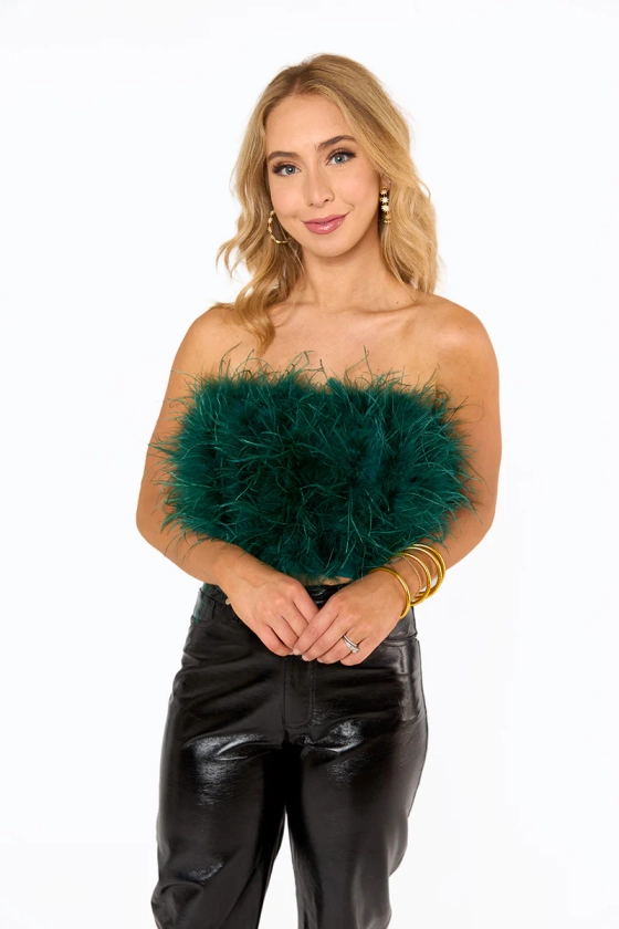 BuddyLove | Fancy Strapless Feather Crop Top | Emerald