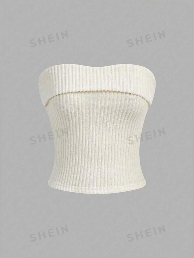 SHEIN EZwear Solid Color Ribbed Knitted Strapless Top | SHEIN USA