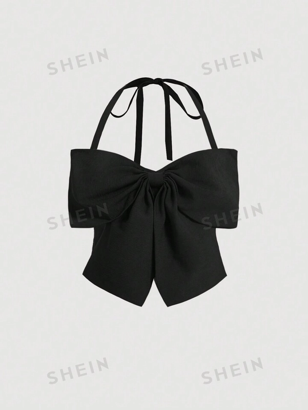 SHEIN MOD Lindo top de cuello halter negro con lazo