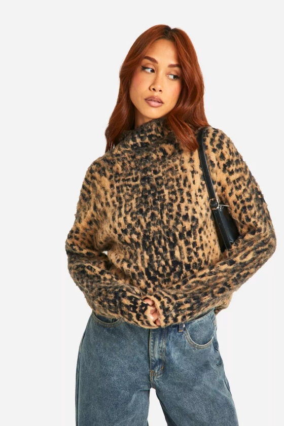 Brushed Leopard Knitted Roll Neck Jumper