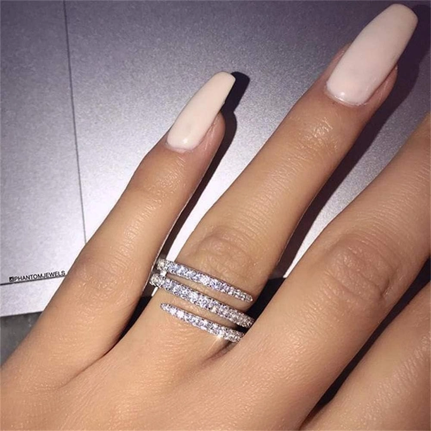 925 Sterling Silver Shiny Full Diamond Ring Three Rows Cubic Zirconia Cocktail Rings CZ Diamond Multi Row Ring Eternity Engagement Wedding Band Ring for Women TZ.35