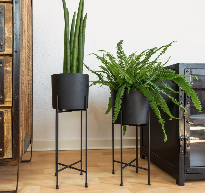 Set of 2 Modern Mid Century Black Planter With Black Stand 7 Inch Diameter Large Planter Pot With Metal Stand - Etsy