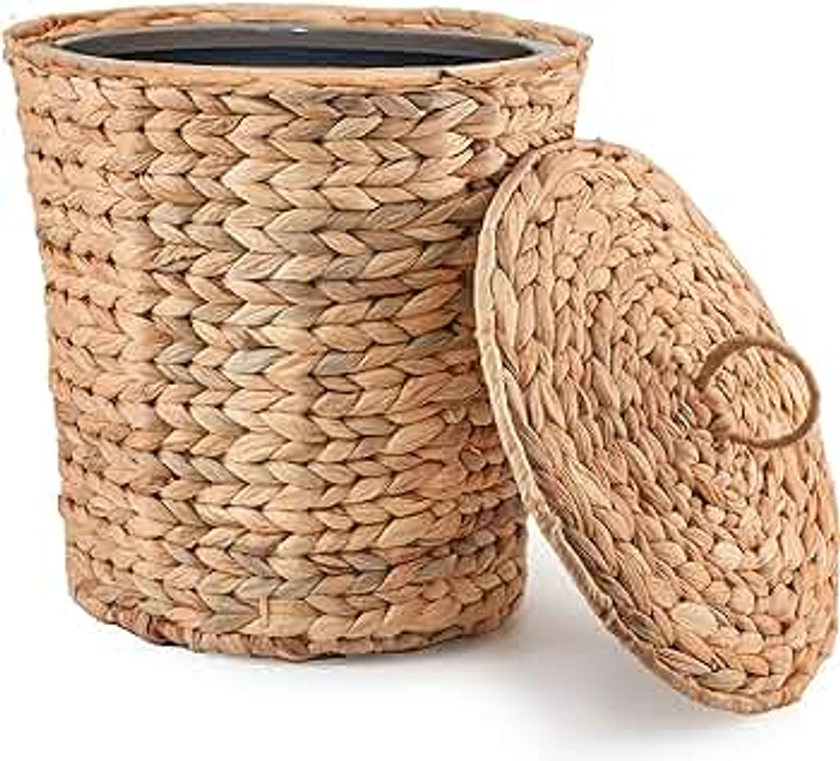 KOLWOVEN Wicker Trash Can with Lid in Bedroom, Bathroom - Trash Can in Office - Boho Woven Wicker Waste Basket - Office Garbage Cans for Under Desk (Water Hyacinth, Medium (D11 X H11))