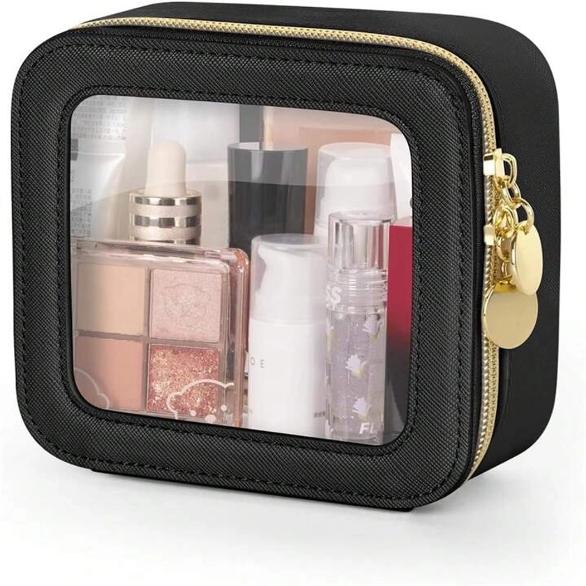 Clear Makeup Bag, Leather Mini Cosmetic Bag, Waterproof Square Make Up Bag Pouch, Toiletry Bag For Travel, Car And Women,Black