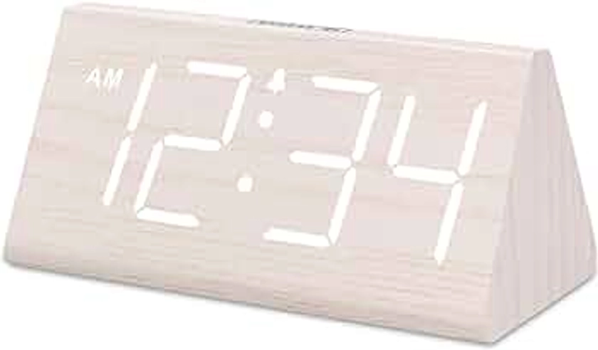 DreamSky Wooden Digital Alarm Clocks for Bedrooms - Electric Desk Clock with Large Numbers, USB Port, Battery Backup, Adjustable Volume, Dimmer, Snooze, DST, 12/24H, Living Room Wood Décor