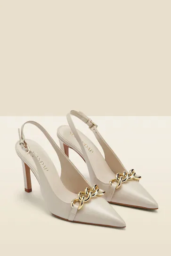Sosandar Cream Leather Chain Detail Slingback Court Shoes