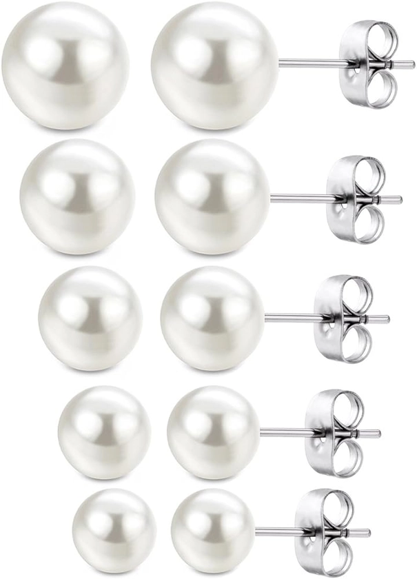 Jewelrieshop Faux Pearl Stud Earrings 5 Pairs, Stainless Steel Hypoallergenic Starter Set for Women Girls