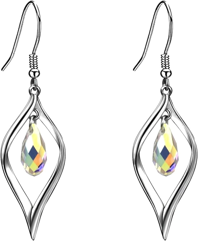 Amazon.com: Fashion Swarovski Crystal Twist Leaf 925 Sterling Silver Drop Earrings for Women in Gold-plated: Clothing, Shoes & Jewelry