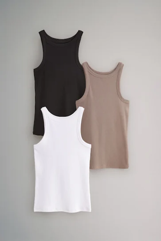 Buy The Set Black/Taupe Brown/White 3 Pack Ribbed Racer Vests from the Next UK online shop