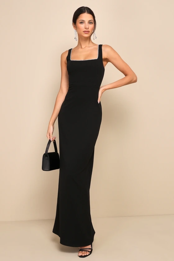 Timeless Poise Black Rhinestone Square Neck Backless Maxi Dress