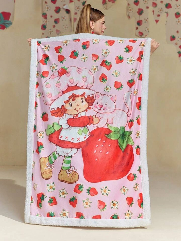 Strawberry Shortcake X SHEIN Cartoon Character & Strawberry Printed Fleece Blanket
