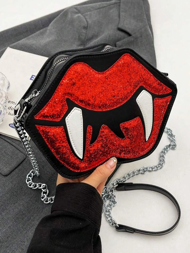 Bolso cruzado con estampado de labios de vampiro, bolso de cadena de estilo gótico creativo para teléfono y monedas, bolso de hombro con cremallera, bolso de noche elegante mini para regalo de Halloween y uso diario, bolsos de Halloween perfectos para fiesta de disfraces, moda de Halloween y moda gótica