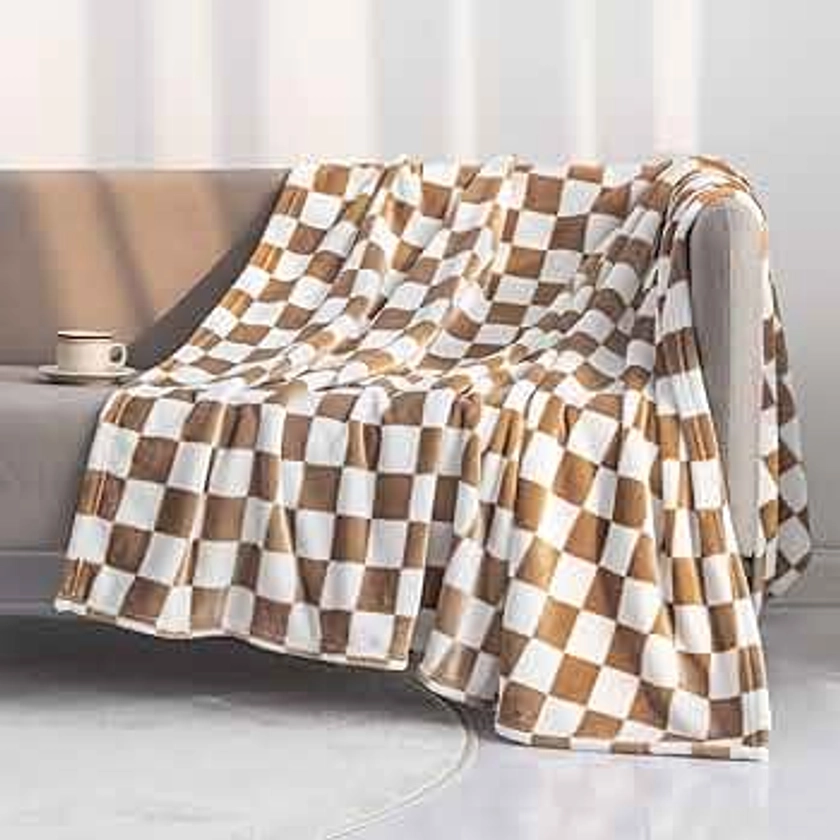 LOMAO Jeté de canapé doux en flanelle avec motif en damier pour canapé, lit, sofa – Couverture luxueuse, chaude et confortable pour toutes les saisons – Kaki, 129,5 x 160 cm