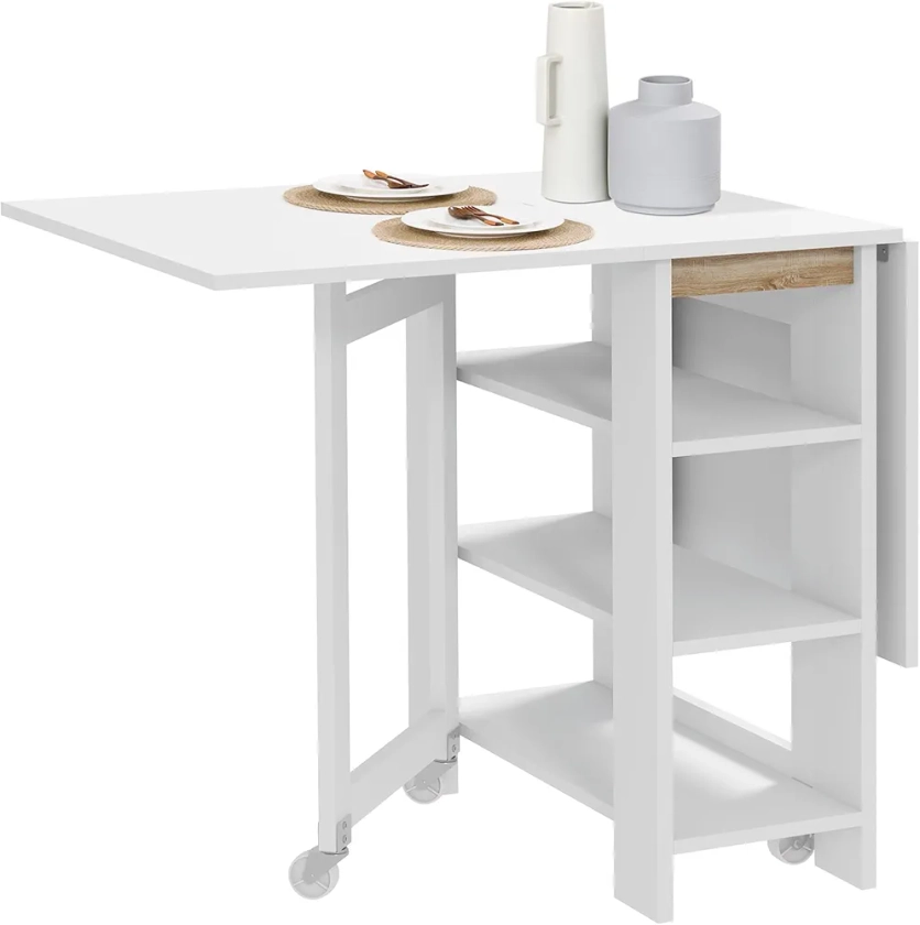 HOMCOM Table à Manger Pliable, Table Pliante Cuisine, sur roulettes, avec 2 abattants et 3 étagères, Design Moderne, Table de Cuisine pour Petits espaces, 120 x 60 x 75 cm, Blanc