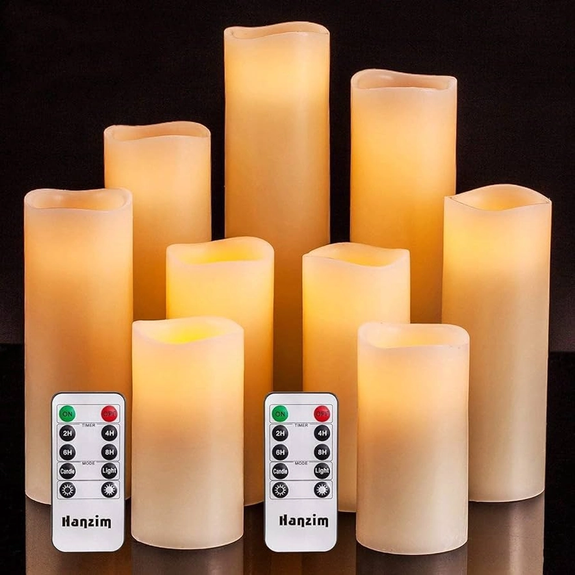 HANZIM LED Candles,Flameless Candles Φ 2.2" x H 4"/5"/6"/7''/8''/9'' Real Wax Battery Candle Pillars, 10 Key Remote Control with 24 Hour Timer Function (Ivory) (1 * 9)