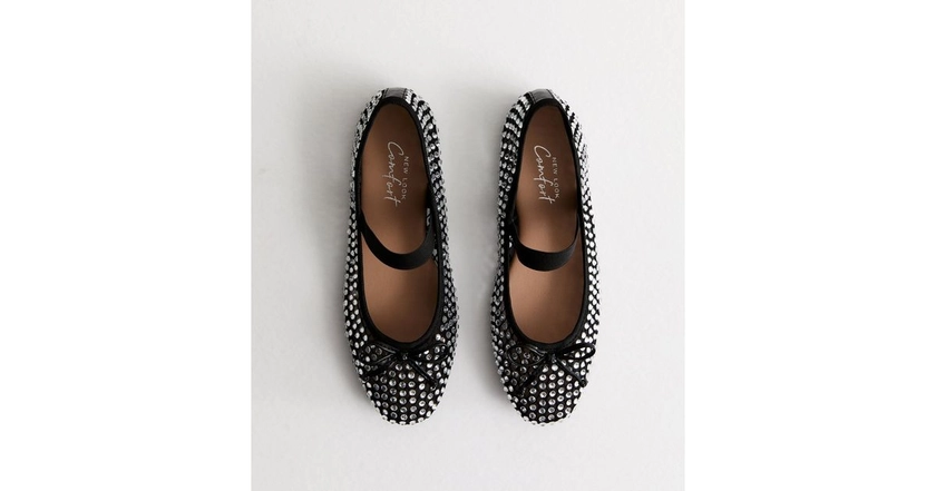 Black Diamanté Embellished Ballet Pumps | New Look